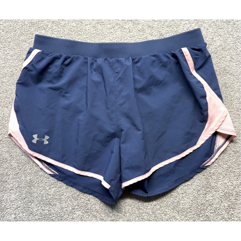 Under Armour Womens Fly By Running Shorts Navy Blue Pink HeatGear Medium